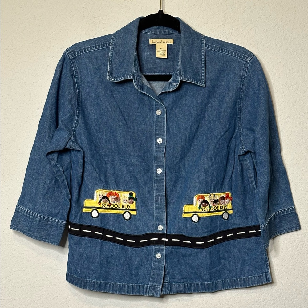 Bechamel Petites Vintage Teacher Denim Button Shirt PS School Bus‎